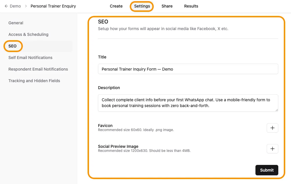 SEO settings